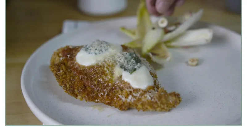 Baked Chicken Parmigiana, Salsa Roja, Chicory and Hazelnut Salad