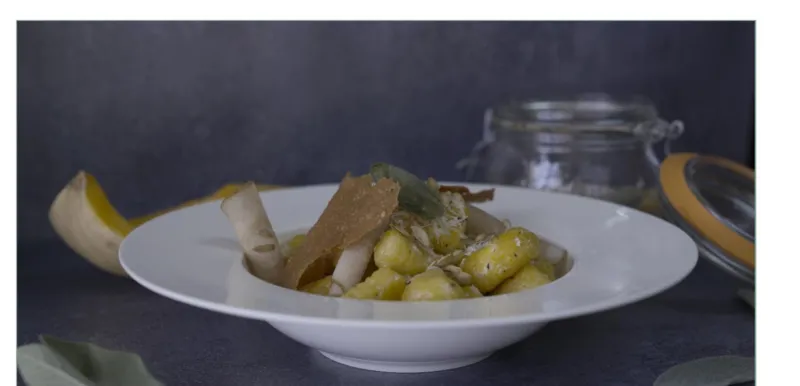 "Bewitched" Pumpkin Gnocchi, Pear Pickle, Almond Tuile, Sage Butter