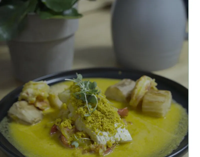 Salt Cod and Prawn Moqueca, Fried Cassava, Toasted Manioc Flour