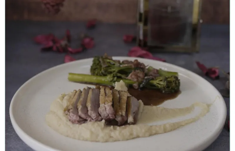 Braised Duck Breast, Apple Purée, Broccolini, Port Reduction