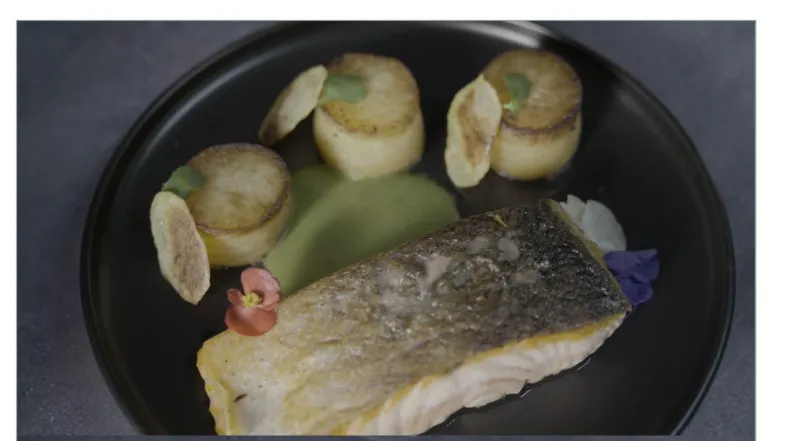 Braised Salmon "Bruno", Pommes Fondant, Spinach Velouté, Potato Crisps