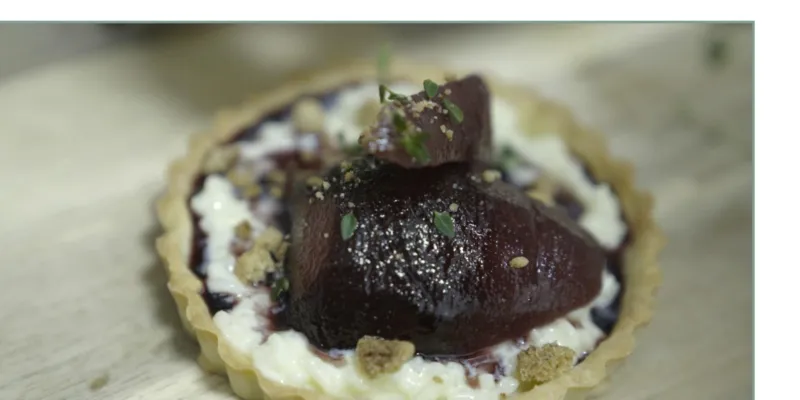 Rice Pudding Tartlets, Drunken Pears, Almond Crumble